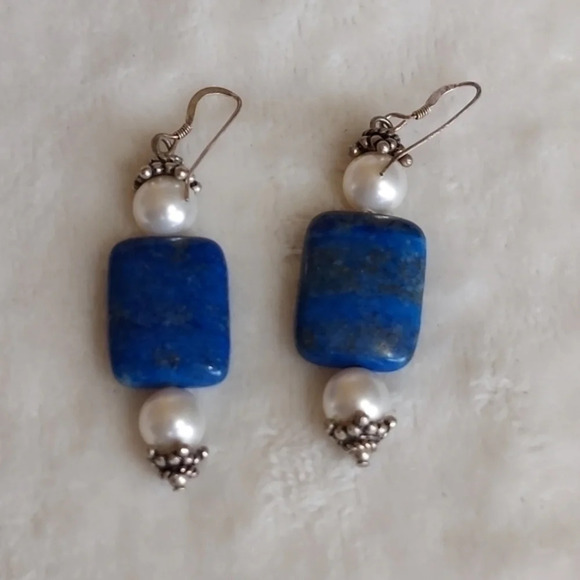 Cultured Pearl Lapis‎ Lazuli Sterling SilverDangle earrings - Picture 5 of 7
